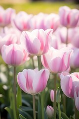 a group of pink and white tulips
