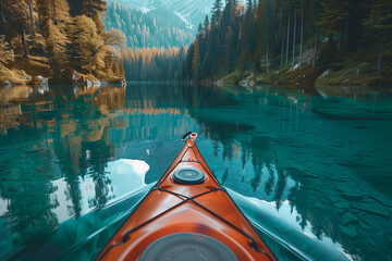 Kayaking Adventure on a Crystal Clear water with Mountain Lake. Travel in summer sonsept.. - obrazy, fototapety, plakaty