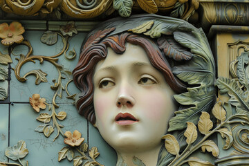 Art Nouveau Elegance, Sculptural Relief of a Woman Surrounded by Foliage