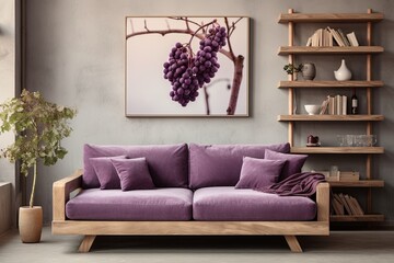 Grape-Vine Bliss: Minimalist Villa Decor featuring Vine Art Poster, Grape Hue Sofa & Elegant Wooden Shelving