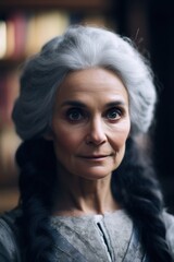 a woman with grey hair and a black and white wig