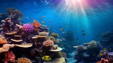 Underwater panorama of a tropical coral reef with fishes and corals