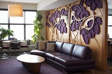 Modern Grape and Vine-themed Decor: Vine-Patterned Room Divider with Leather Seating