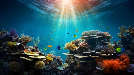 Poster Underwater panorama of coral reef and tropical fish with sunlight. © Iman