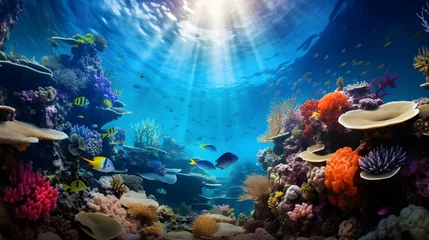 Fototapeten Underwater view of coral reef and tropical fish. Panorama. © Iman