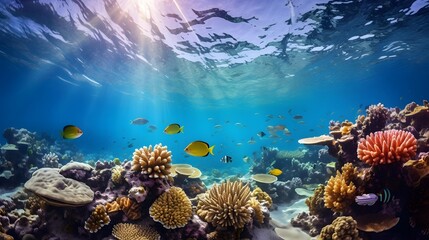 Fototapeta na wymiar Underwater panorama of coral reef with tropical fish and sunlight.