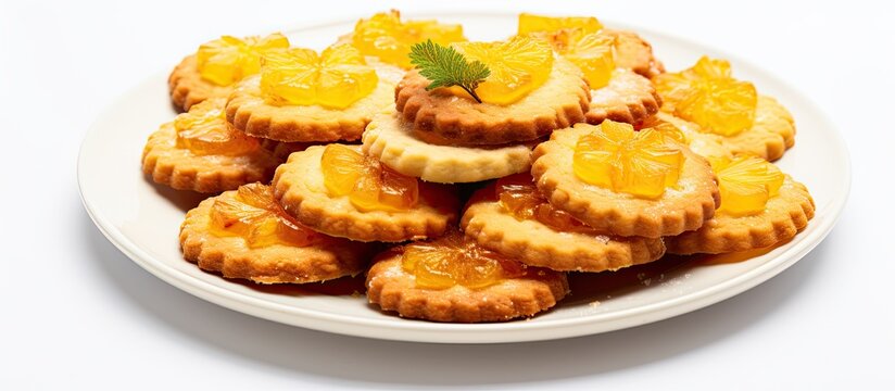 A white plate is filled with mini orange tarts, each topped with a dollop of pineapple jam. The colorful treats are perfect for parties or afternoon snacking.