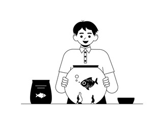 Boy looking his pet animal. Kids and pet illustration.