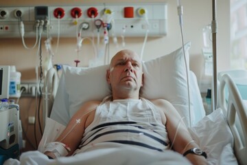 Obraz premium Bald cancer patient lying in hospital bed during chemotherapy treatment. Man fighting oncology disease, suffering from tumor. World Cancer Day, medical treatment and healthcare concept