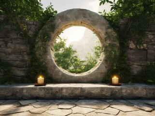 a stone arch with a round window and candles - obrazy, fototapety, plakaty