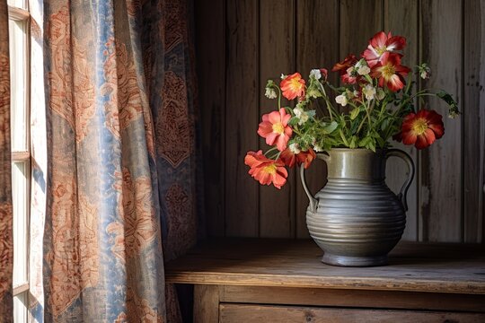 Textile Curtains and Flower Vase Enhancing Historic Farmhouse Architectural Features