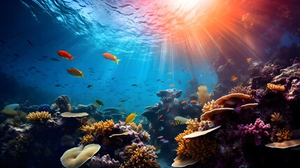 Fototapeta na wymiar Underwater panoramic view of coral reef with fishes and sunlight