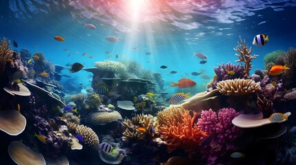 Underwater panorama of coral reef with fishes and tropical plants.