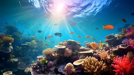 Fototapeten Underwater panorama of coral reef with fishes and corals. © Iman