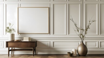 Empty room with shadows of window and dried flowers in vase. Japandi Style studio background