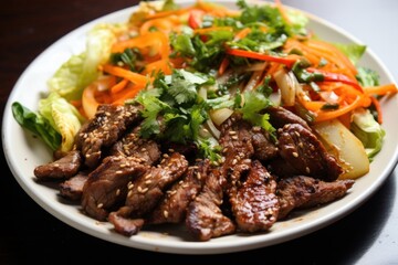 a plate of meat and vegetables