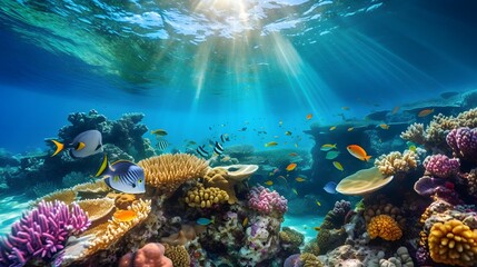 Underwater panorama of coral reef and fish in Red Sea.