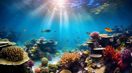 Underwater panorama of a coral reef with fishes and corals