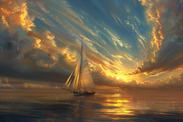 Watercolor painting of Golden Sunset Sailing on Tranquil Sea.