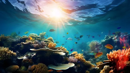 Poster Underwater panorama of coral reef and tropical fish at sunset. © Iman