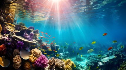 Underwater panorama of coral reef with fishes and corals, underwater panorama
