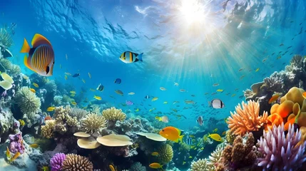 Gartenposter Underwater panorama of coral reef with fishes and corals. © Iman