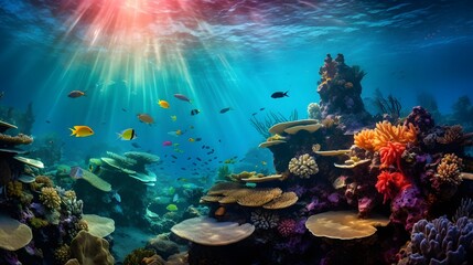 Underwater panoramic view of coral reef, fish and sunlight
