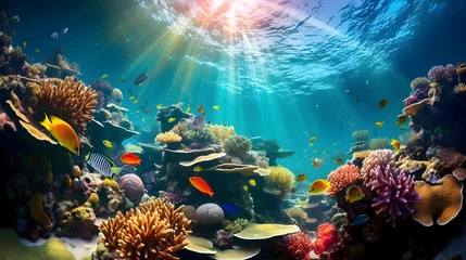 Foto auf Glas Underwater panorama of coral reef and tropical fish. Underwater world. © Iman