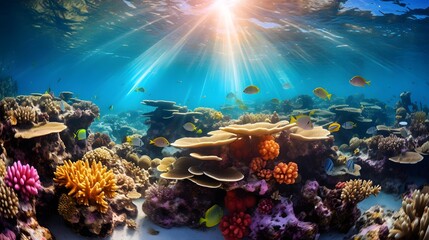 Underwater panorama of a beautiful coral reef with fish and sunlight