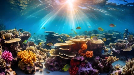  Underwater panorama of a beautiful coral reef with fish and sunlight © Iman