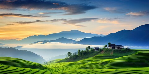Landscape of rice terrace and hut with mountain range background and beautiful sunrise sky. Nature landscape. Green rice farm. Terraced rice fields. Travel destinations in Chiang Mai, Thailand.