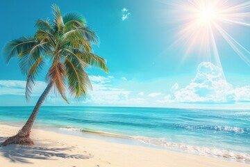 Fototapeta na wymiar Tropical beach with a lone palm tree and clear blue water under a bright sun, illustrating paradise and relaxation. Concept of travel, vacation, and tropical getaway. 