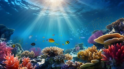 Fototapeta na wymiar Coral reef and fish. Underwater panoramic view.