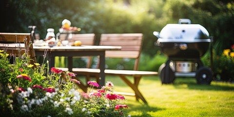 summer time in backyard garden with grill BBQ, wooden table, blurred background - obrazy, fototapety, plakaty