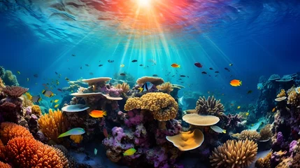 Foto auf Glas Underwater panorama of a tropical coral reef with fish and sunlight © Iman