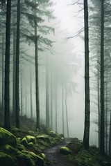 a foggy forest with tall trees