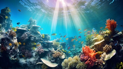 Obraz na płótnie Canvas Underwater panorama of coral reef with fishes and rays of sunlight