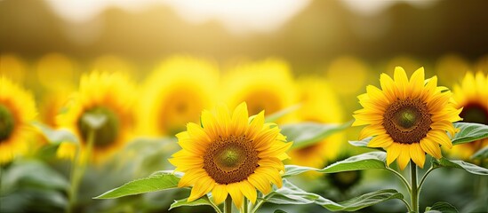 Obraz premium A vast field of bright sunflowers stretches out under the clear blue sky, with the sun shining in the background. Each sunflower is facing towards the sun, following its path across the sky.