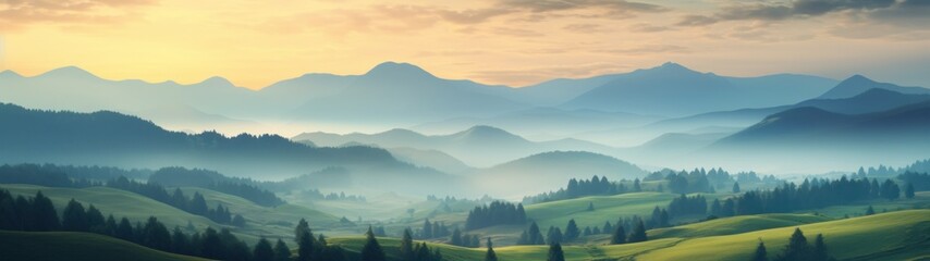 a landscape of a valley with trees and mountains - obrazy, fototapety, plakaty