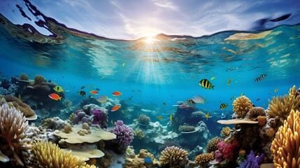 Underwater panoramic view of coral reef and tropical fish. - 751027994