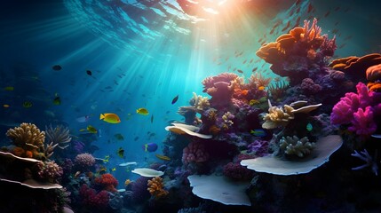 Fototapeta na wymiar Underwater panorama of coral reef with fishes and blue sky.