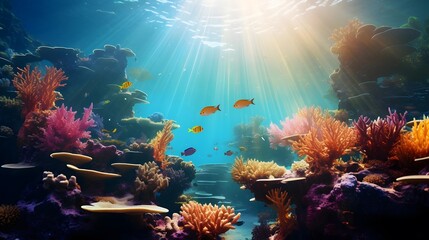 Underwater panoramic view of coral reef with fishes and sunlight