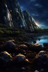 a rocky cliff with trees and a river