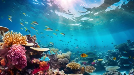 Fototapeten Underwater panorama of a tropical coral reef with fish and sunlight © Iman