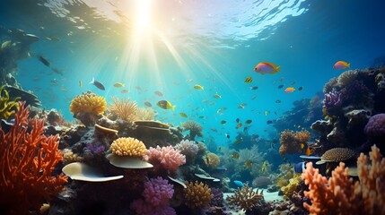 Underwater panoramic view of the coral reef and tropical fish.