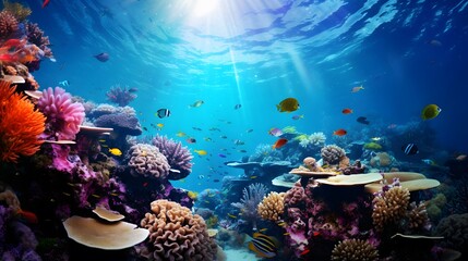Beautiful underwater world with corals and tropical fish. Panorama