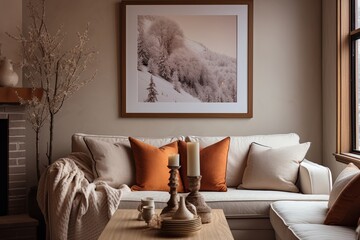 Winter Living Room Artwork: Beige Sofa, Terracotta Pillows, Cozy Fireplace Ambiance