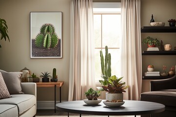 Luxurious Living Room: Cactus and Succulent Displays with Classic Curtain Details & Elegant Coffee Table