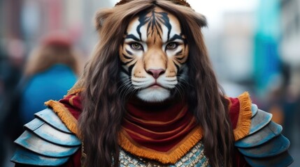 a person with a tiger face painted