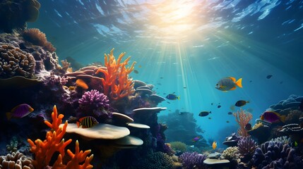 Underwater panorama of coral reef with tropical fish and sunlight. - obrazy, fototapety, plakaty